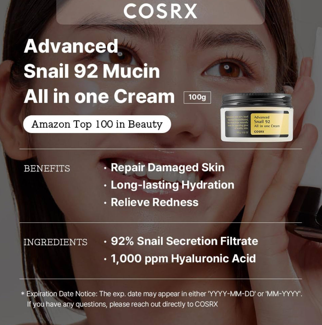 COSRX Face Moisturing Cream, 100g| Snail Mucin 92%, Lightweight,