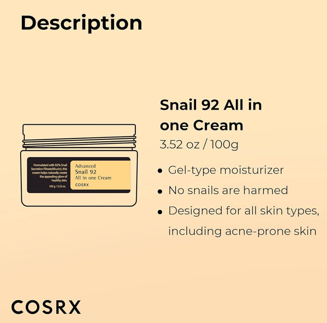 COSRX Face Moisturing Cream, 100g| Snail Mucin 92%, Lightweight,